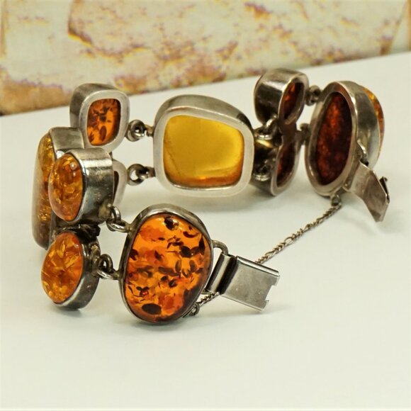 82g Rare Multi Amber and 925 Silver Heavy Link BRACELET - OOAK Gift For Her - Picture 12 of 16